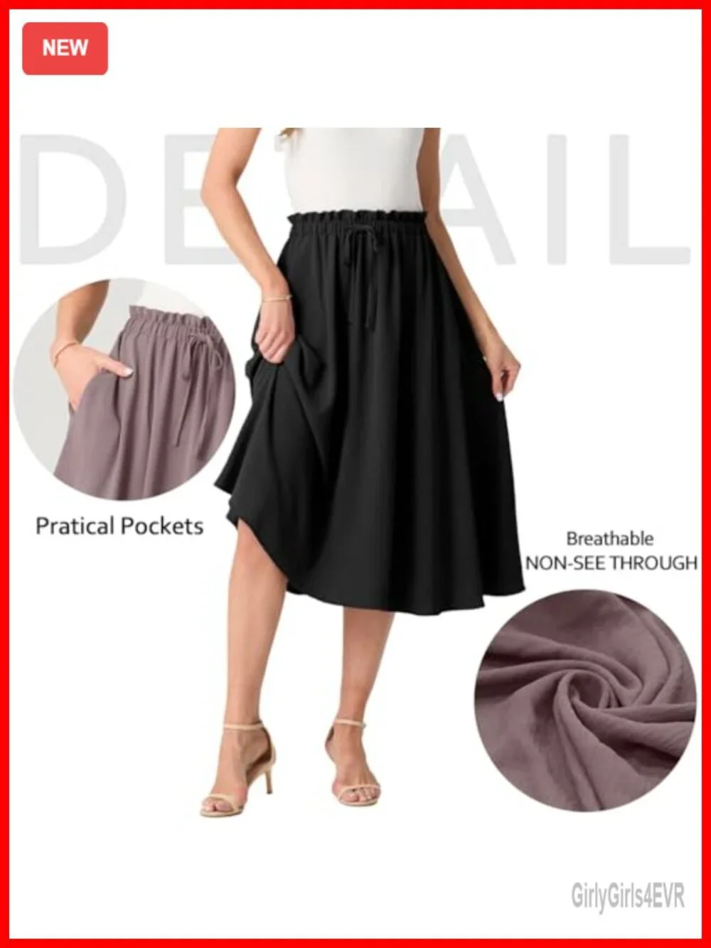 Women's High Waist A-Line Midi Skirt with Pockets Flowy Summer Casual